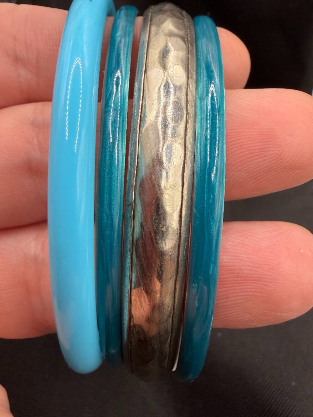 🌊 Ocean Teal Hammered Silver Bangle Set: 4 Piece Mixed Enamel Bracelet Stack